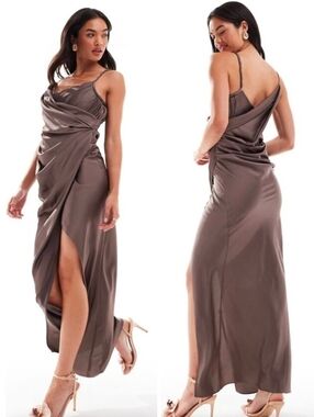 ASOS Design Brown Draped Satin Twisted Strap Maxi Dress